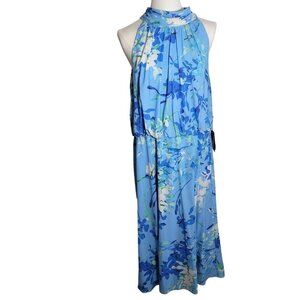 Adrianna Papell Blue Halter Tie Neck Floral Sleeveless Maxi Dress Size 16